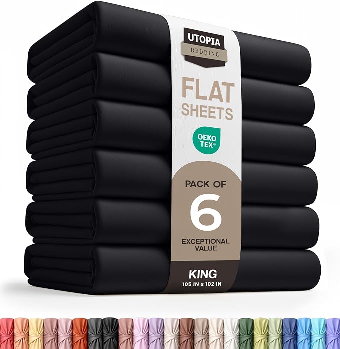 King Size Flat Sheet Only Pack of 6, Ultra Soft Hotel Sheets, Black | Hotel Bedding, Cooling Comfort, Smooth Feel, Wrinkle & Fade Resistant, Easy Care, Long-Lasting, Machine Washable, OEKO-TEX