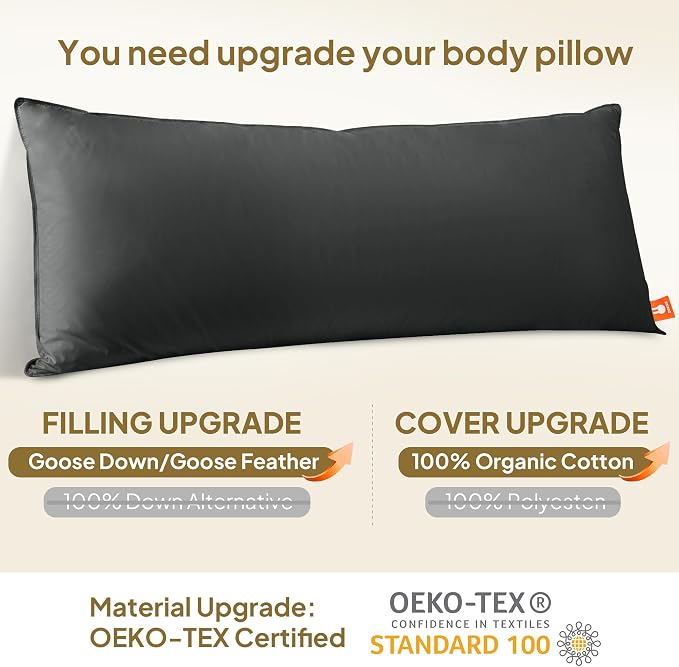 Goose Down Body Pillows for Adults, Large Body Pillow for Side Sleeper, Hugging Feather Body Pillow Insert, Cooling Full Length Long Pillow for Bed with 100% Organic Cotton Shell, (Black 20"x72")