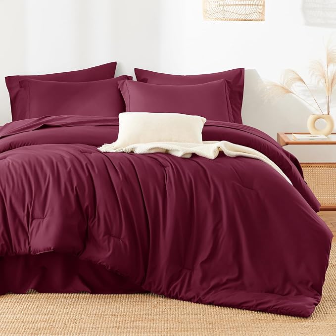 HIMEET King Comforter Set, 7-Piece Point-Quilted Bed in a Bag, Burgundy | OEKO-TEX Certified, Lightweight 240 GSM Comforter, Flat Sheet, 14-Inch Deep-Pocket Fitted Sheet, Pillowcases & Shams