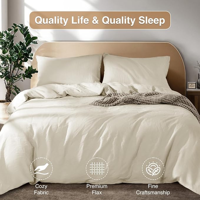 SONORO KATE 100% French Linen King Duvet Cover Set,Zipper Closure,3PC | Natural French Flax,Soft Breathable for Hot Sleepers,Moisture Wicking & Durable,4 Corner Ties,Cream