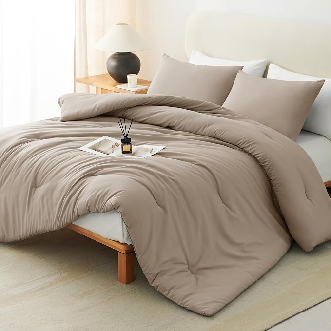 Queen Comforter Set, 3 Pieces Down Alternative Bedding, Khaki | 270 GSM All Season Comforter with 4 Corner Ties for Use as a Duvet Insert, OEKO-TEX Certified, 2 Pillowcases, 88 x 88 in