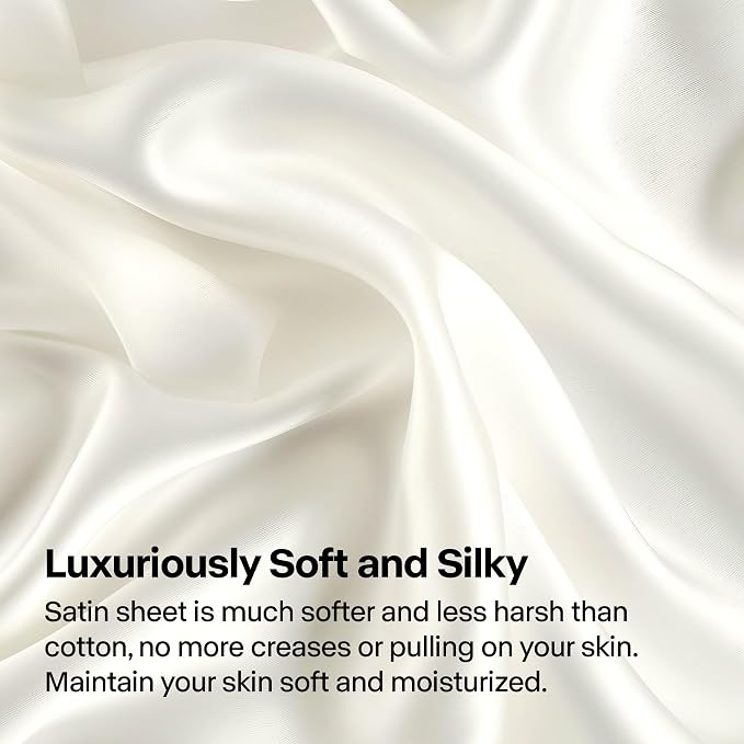 BEDELITE Satin Sheets California King Size Bed Set, Ivory White, 4 Pieces | Luxury Silky Bed Sheets, 15 Inch Deep Pocket, Similar to Silk, Soft and Cooling, Reduces Friction, Gentle on Hair and Skin
