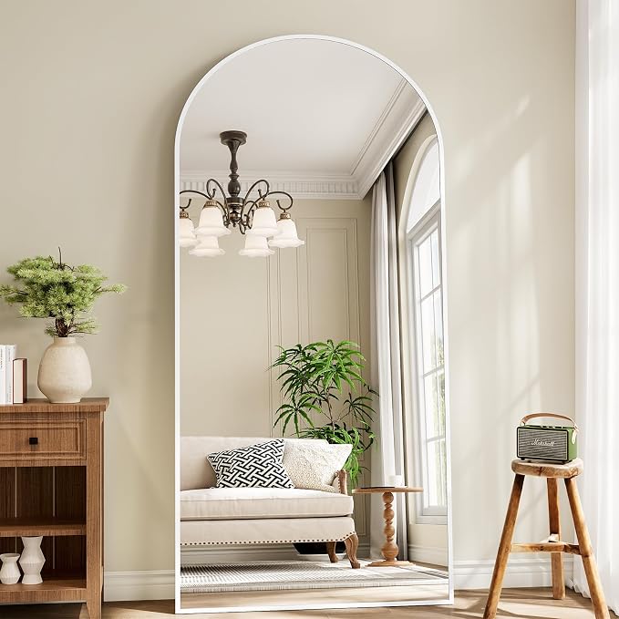 Mirror Full Length, 78"x35" Oversized Arched Floor Full Length Mirror with Stand, Room Decor Big Full Body Floor Mirror with HD Tempered Glass Aluminum Frame for Bedroom Living Room, White