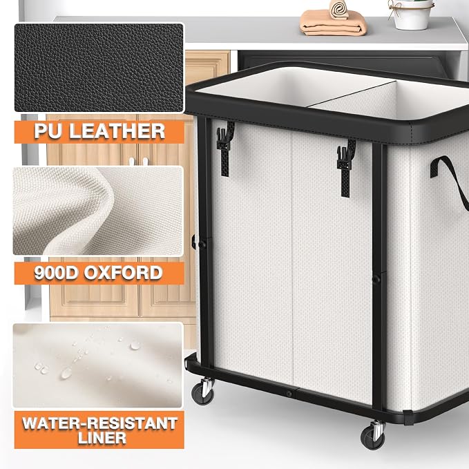 Laundry Basket with Wheels,190L (50 Gal) Laundry Hamper 2 Setion - Beige | Leather Patchwork,Sturdy Metal Frame, Removable Washable Bag, Tall Clothes Sorter for Bedroom, Laundry Room