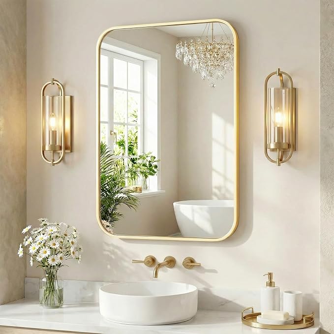 Sweetcrispy Bathroom Mirror for Over Sink, Vanity Wall Mirrors, 24x36 Inch | Matte Metal Frame, Rounded Rectangle, Wall Mirror for Home Decor, Living Room Bedroom, Gold