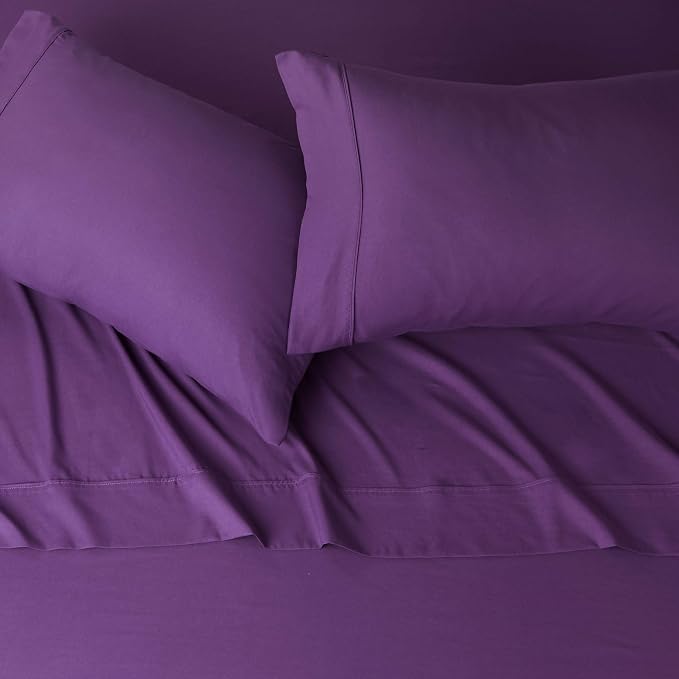 Amazon Basics Breathable Microfiber 4-Piece Bed Sheet Set with 14-Inch Deep Pockets, Wrinkle Resistant, King, Plum, Solid