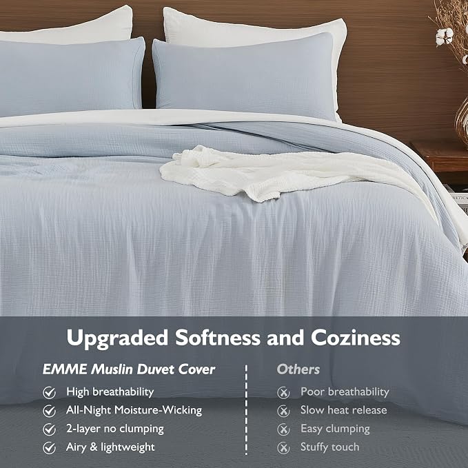 EMME Muslin Cotton Duvet Cover Set Blue King Size Linen Like Soft Breathable Lightweight Summer Comforter Cover Set with Zipper Closure (Blue, King, 104"x90")