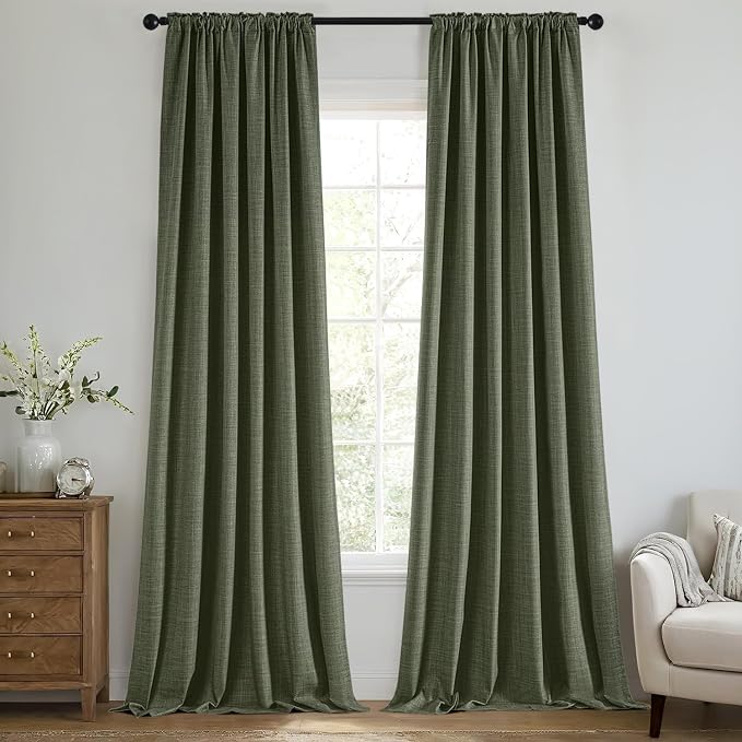 MIULEE 100% Blackout Back Tab Pleat Linen Curtains 50" Wx120 L,Olive Green | 2 Panels,Thick Faux Linen,Textured Drapes,with Hooks,for Bedroom Living Room,Black Out,Room Darkening