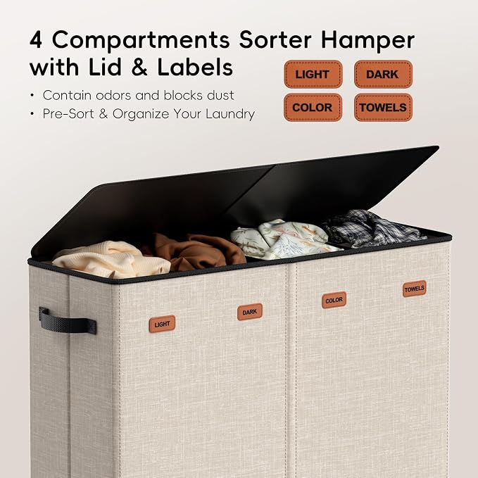 Laundry Hamper 4-Section with Lid, 185L Laundry Sorter with 4 Removable Bags + 1 Extra Large Bag, Switchable 3/4 Compartment, Laundry Basket Organizer for Bedroom, Laundry Room，Beige