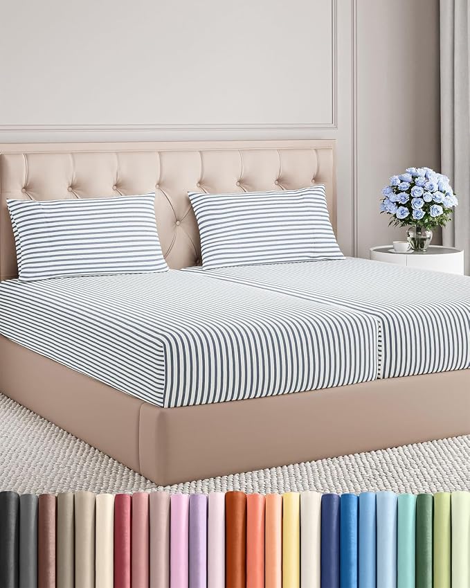 Split King Size 5 Piece Sheet Set - Breathable & Cooling - Blue Stripes | Hotel Luxury Bed Sheets for Women & Men, Deep Pockets, Easy-Fit, Comfy, Soft and Wrinkle Free Sheets, Oeko-Tex Bed Sheet Set