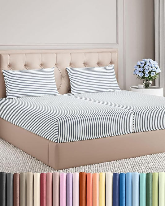 Split King Size 5 Piece Sheet Set - Breathable & Cooling - Blue Stripes | Hotel Luxury Bed Sheets for Women & Men, Deep Pockets, Easy-Fit, Comfy, Soft and Wrinkle Free Sheets, Oeko-Tex Bed Sheet Set