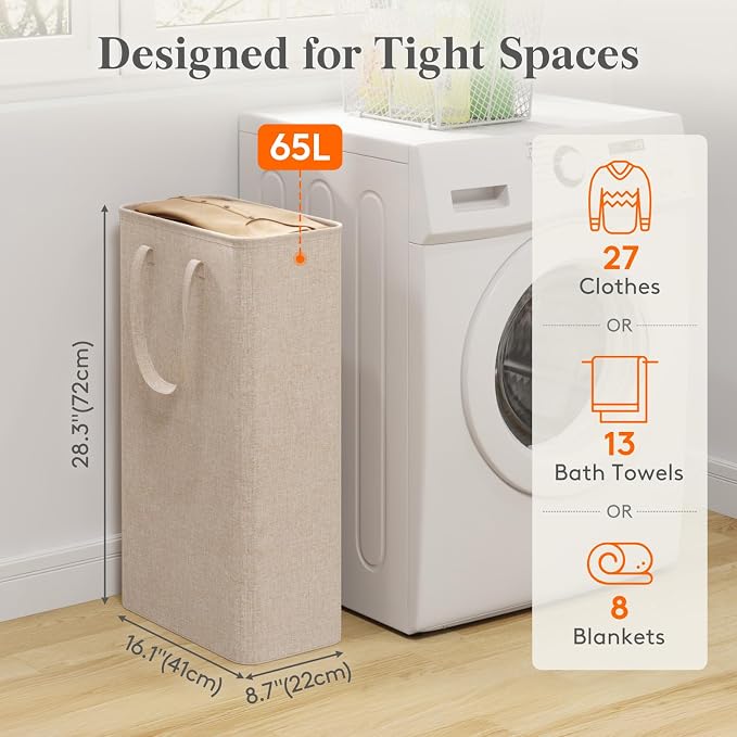 Lifewit Slim Collapsible Laundry Basket with Handles, 65L, Beige | Narrow Laundry Hamper for Dirty Clothes, Tall Thin Laundry Bin, Small Clothes Hamper for Bathroom, Bedroom, RV, Dorm