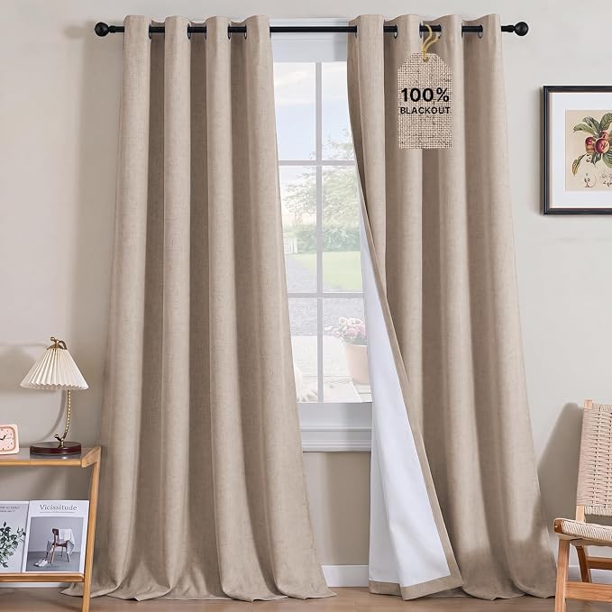 H.VERSAILTEX Linen Curtains 100% Blackout Curtains for Bedroom 120 inch Long Full Light Blocking Nature Linen Blended Window Curtains for Living Room Nickel Grommet (2 Panels, Heathered Sand)