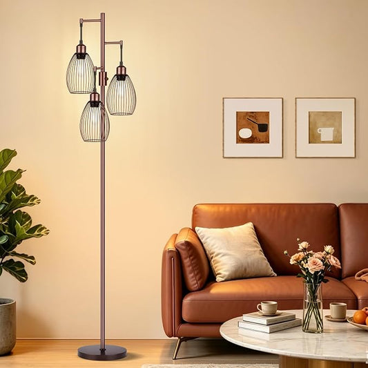 Dimmable Floor Lamp, 3 x 800LM LED Edison Bulbs Included, Farmhouse Industrial Floor Lamp Standing Lamp with Elegant Teardrop Cage Head Tall Lamp for Living Room Bedroom Office Dining Room - Brown