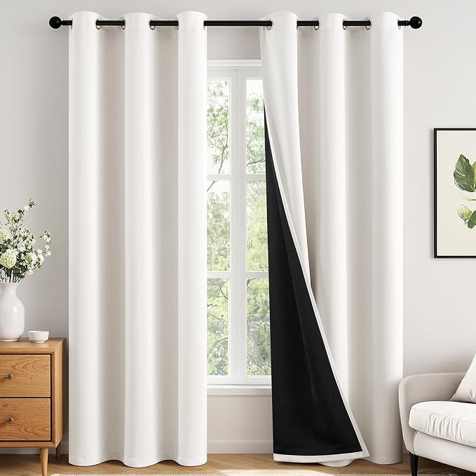 MIULEE Ivory 100% Blackout Curtains for Bedroom 90 Inch Long 2 Panels Set | 2 Thick Layers Thermal Insulated Window Curtains with Black Liner, Noise Reducing Grommet, Drapes for Living Room