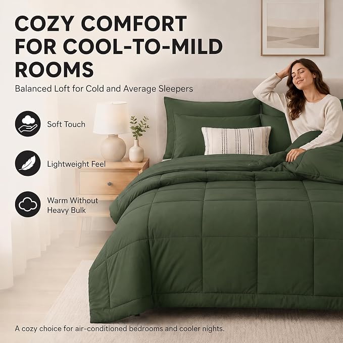 King Size Comforter Set Olive Green - 7 Pieces Bed in a Bag | OEKO-TEX Certified, All-Season, Bedroom, Guest Room, Down-Alternative Comforter + Flat & Fitted Sheets + 4 Pillowcases
