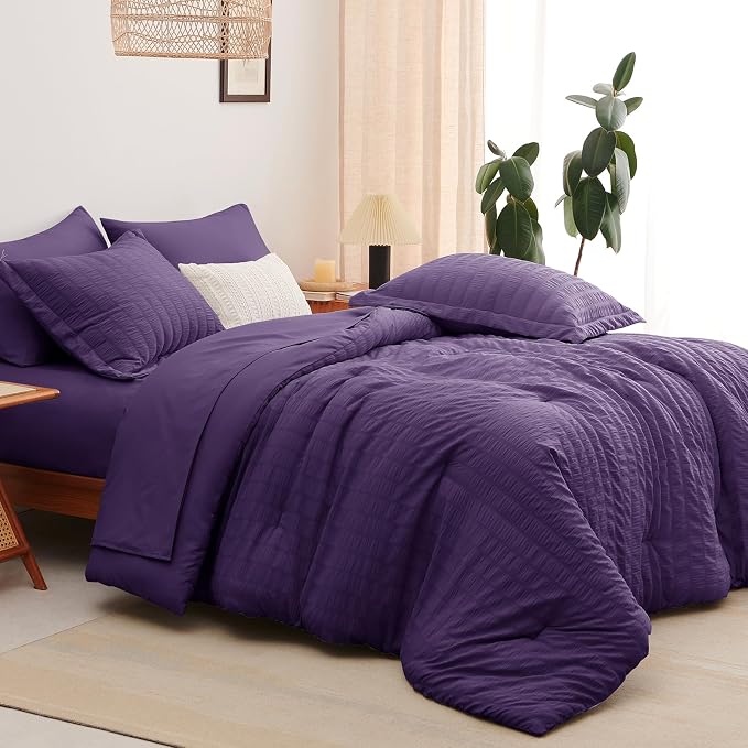 King Size Comforter Set, 7 Pieces Purple Seersucker Bed in a Bag | OEKO-TEX Certified, All Season Bedding Set with 240 GSM Down Alternative Comforter, Flat & Fitted Sheets, Pillowcases & Shams