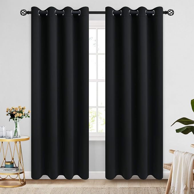 COSVIYA Grommet Room Darkening Black Curtains 84 inch Long for Bedroom | Light Blocking Insulated Thermal Curtains for Living Room, Blackout Thick Polyester Window Drapes,52x84 inches, 2 Panels