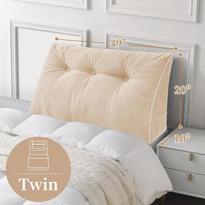 Sasttie Headboard Pillow Twin/Twin XL, Wedge Pillow Headboard, Beige | Triangle Backrest Cushion for Sitting or Reading in Bed, Dorm Essentials, OEKO-TEX, Down Alternative Fill, Side Pockets