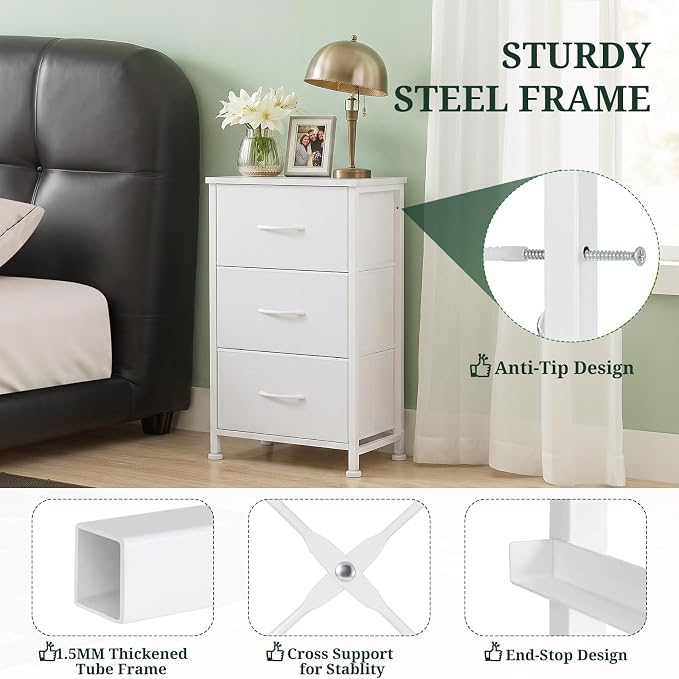 3 Drawers Dresser for Bedroom Fabric Storage Tower with Wooden Top | Steel Frame Chest of Drawers for Closet Entryway Dorm and Small Spaces, White