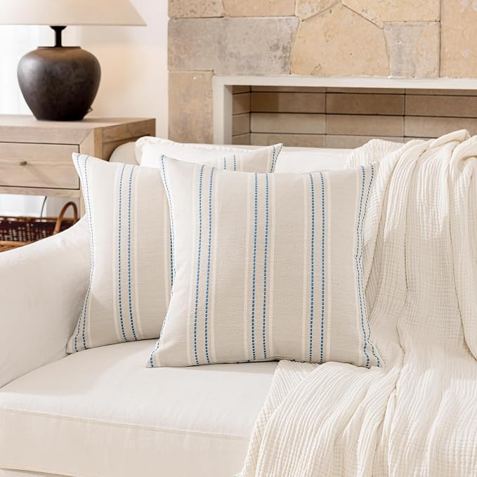Hckot Striped Throw Pillow Covers 20x20 Set of 2 Lake Blue Pillow Covers | Farmhouse Decorative Pillows Textured Linen Square Cushion Covers for Sofa Couch Bed Living Room Decor(Lake Blue)