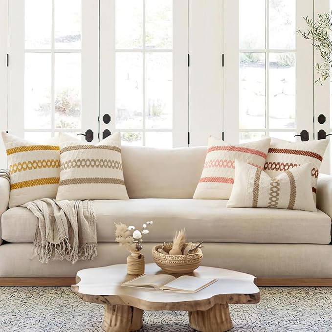 MIULEE Set of 2 Neutral Boho Decorative Pillow Covers 18x18 Inch | Farmhouse Couch Throw Pillows, Modern Spring Cotton Cushion Covers, Macrame Woven Home Decor for Bed Sofa Chair