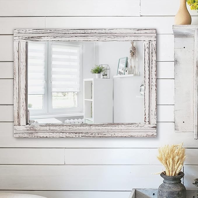 AAZZKANG Rustic Wall Mirror Rectangle Wood Framed Large 20"x16" | Decorative Hanging Mirrors for Bedroom Bathroom Living Room Home Entryway White