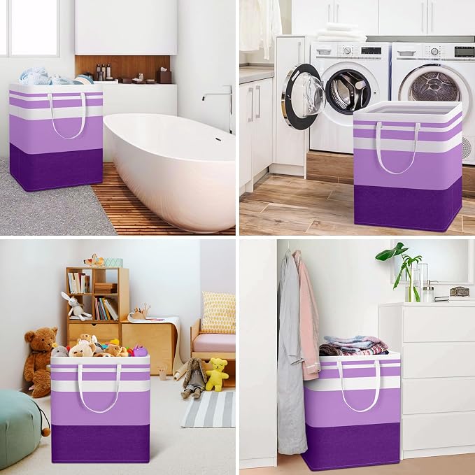 HomeHacks 2 Pack Laundry Baskets, Laundry Hampers Bags (Purple 100Lx2) | Waterproof, Freestanding, Collapsible Clothes Hamper with Reinforced Handles in Laundry Room, Dorm, Bathroom, Bedroom