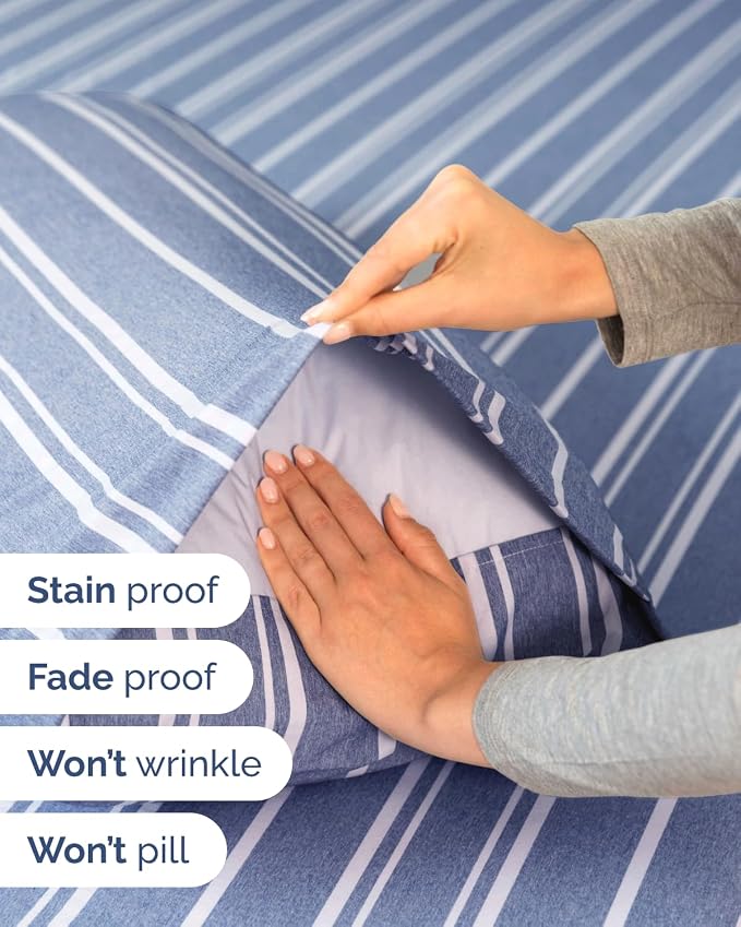 Flex Top Split Head King Sheet Set - 4 Piece Extra Deep - Blue Stripes 3 | Easily Fits 18 to 24 inch Mattress, Ultra Soft, Wrinkle & Fade Free with Extra Deep Pockets, Comfy Hotel Luxury Bedding