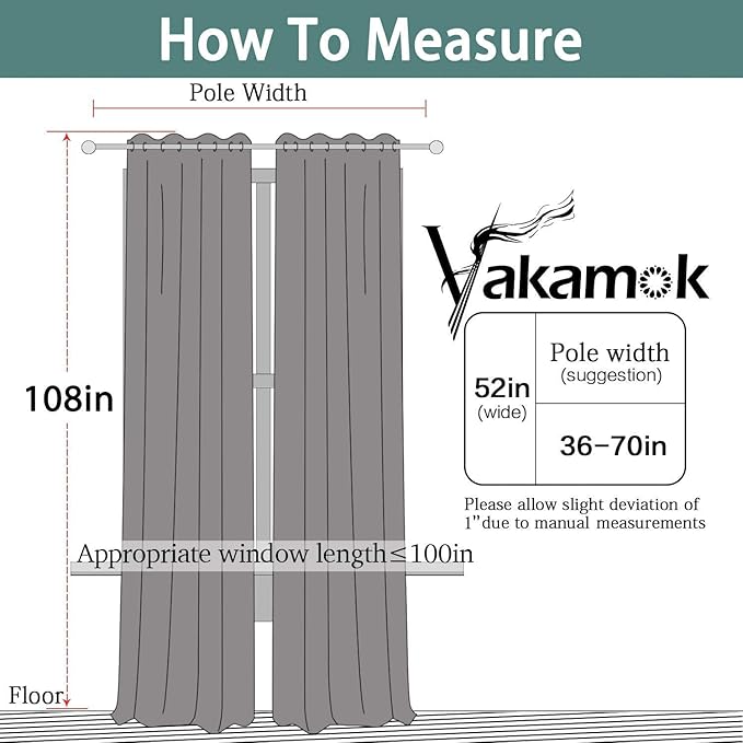 Yakamok Room Darkening Curtains 52x108 inch Length Light Grey-Living Room | 2 panels,grommet blackout window treatment,thermal insulated,light blocking drapes,privacy protection,bedroom dining room