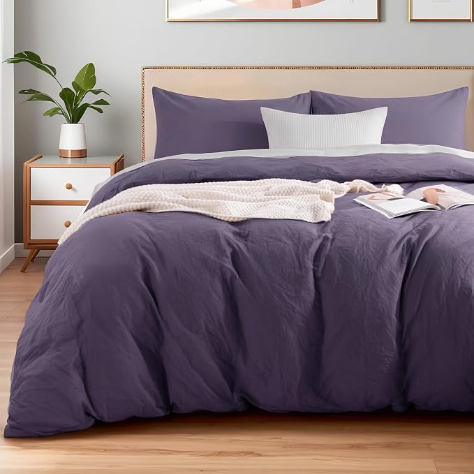 NEXHOME PRO 100% Washed Cotton Duvet Cover Twin Size, Ogranic Natural Linen Feel Breathable Bedding Set with Zipper Closure, 2 Pieces Includes 68x90 Inch Cover & 1 Pillowcases Eggplant (No Comforter)