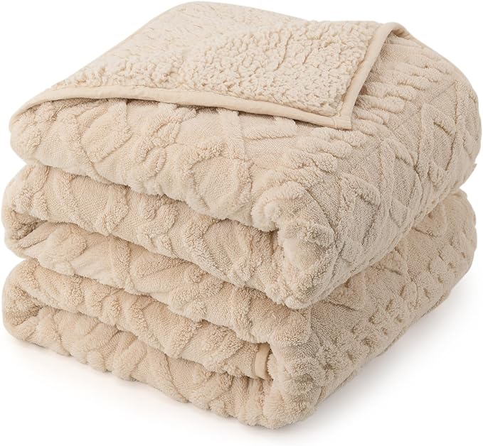 Drewin Weighted Blanket for Adults Full Size 10lbs,Beige,48 x 72 inches | Great for Sleep Natural and Relaxing，Soft Jacquard Sherpa with Glass Beads，Cozy Heavy Throw Blankets，Machine Washable