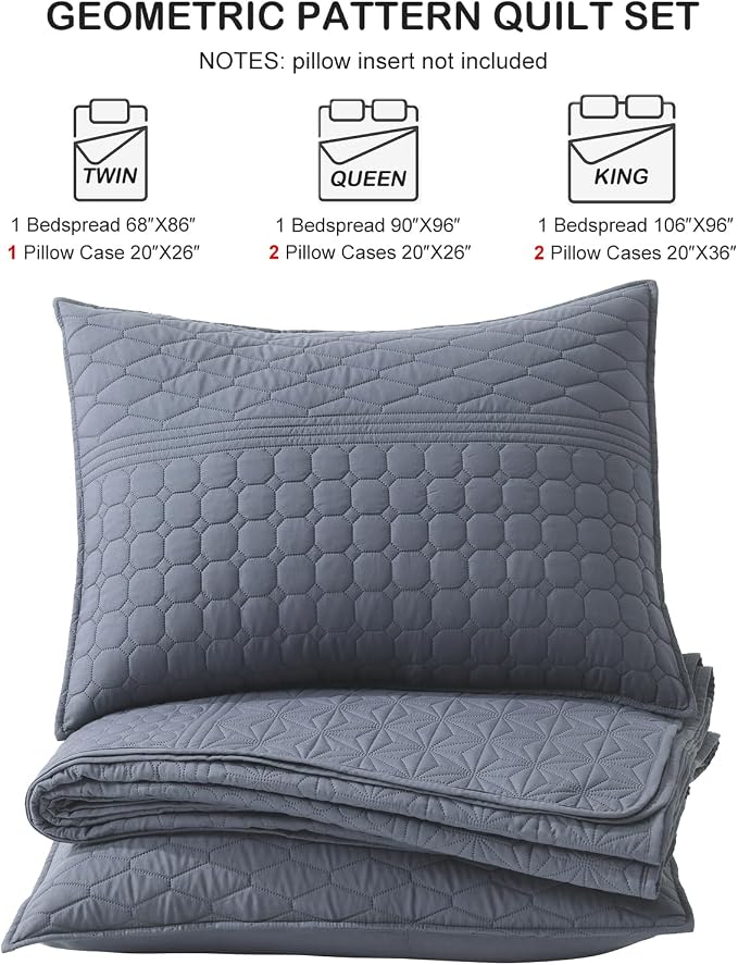 HORIMOTE HOME Steel Blue King Size Quilt Set - Soft Microfiber Bedspread with 2 Shams, Lightweight & All-Season Geometric Coverlet for Cozy Bedding