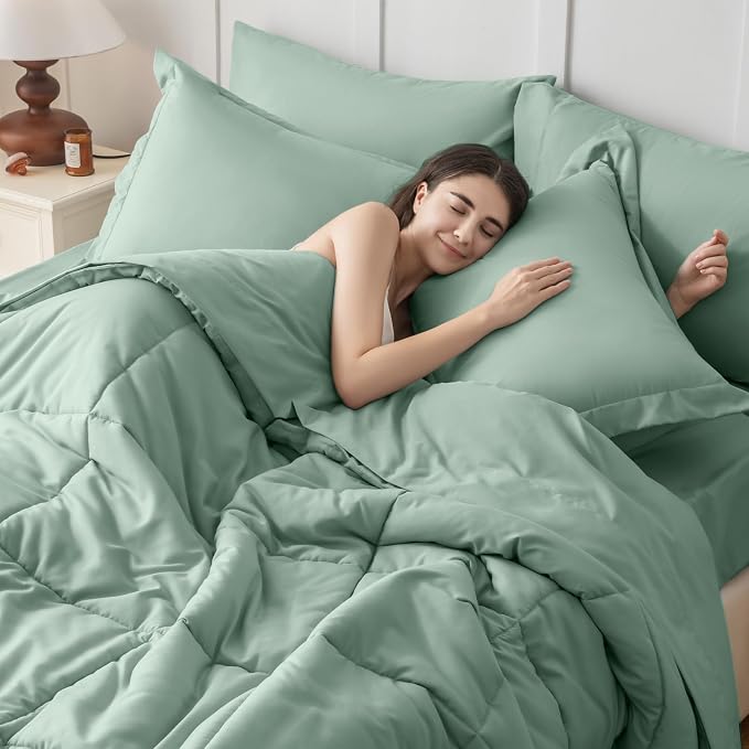 JOLLYVOGUE Queen Comforter Set, Ultra-Soft Bed in a Bag Queen Size 7 Pieces, Oeko-TEX Certified Bedding Set with Down Alternative Comforter, Sheets, Pillowcases & Shams, Sage Green