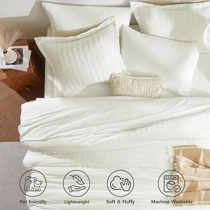 Queen Comforter Set, 7 Pieces Ivory Seersucker Bed in a Bag | OEKO-TEX Certified, All Season Bedding Set with 240 GSM Down Alternative Comforter, Flat & Fitted Sheets, Pillowcases & Shams