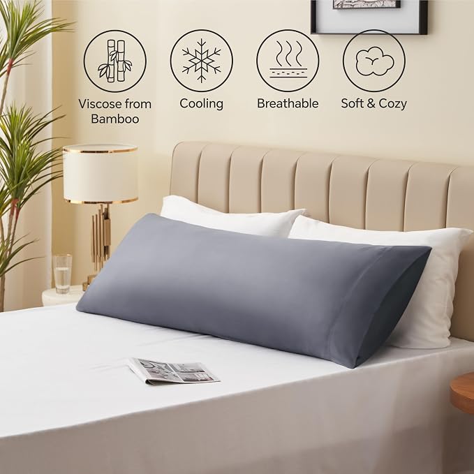 BEDELITE Body Pillow Pillowcase, Rayon from Bamboo, Grey, 20"x54" | Cooling and Breathable Body Pillow Cover for Hot Sleepers & Night Sweats, Silky Soft Full Long Pillow Case, Envelope Closure