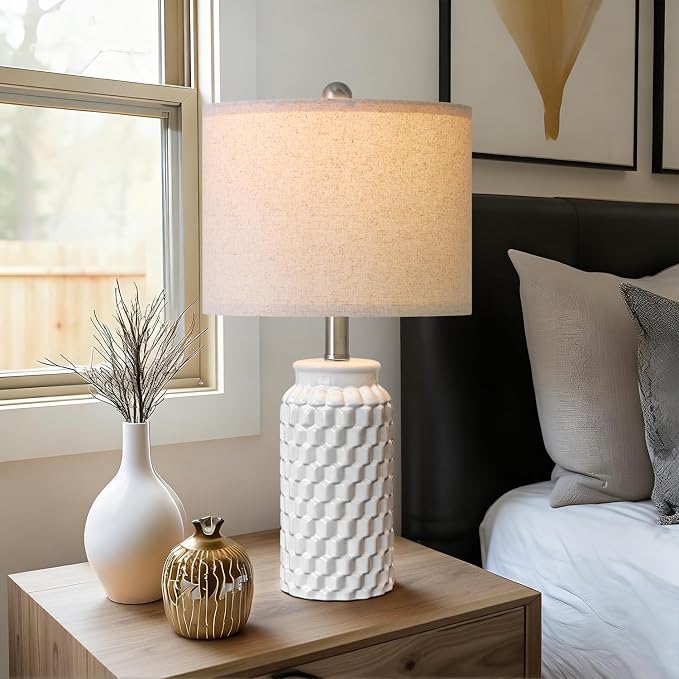 USumkky 20.5" White Modern Ceramic Bedside Lamps Set of 2, Small Table Lamp for Bedroom Decor Farmhouse Nightstand Lamp for Living Room Office