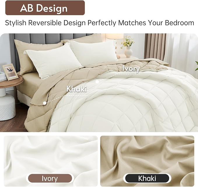 7 Pieces Full Comforter Set, Reversible Bed in a Bag Full Size, All Season Bedding Set with Comforter, Flat Sheet, Fitted Sheet, Pillowcases & Shams, Ivory & Khaki