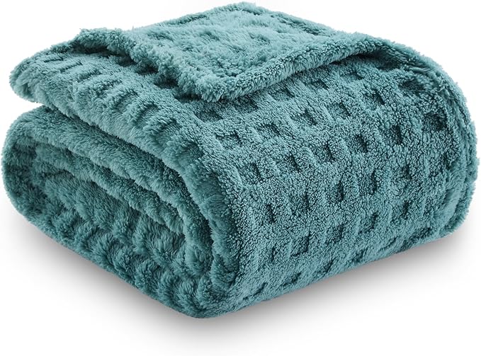 NEWCOSPLAY 3D Waffle Checkered Flannel Throw Blanket, Light Teal, 50"x70" | Super Soft Cute Lightweight Decorative Premium Silky Fleece Blanket for Couch Sofa Bed, Gift for Women Men, All Season Use