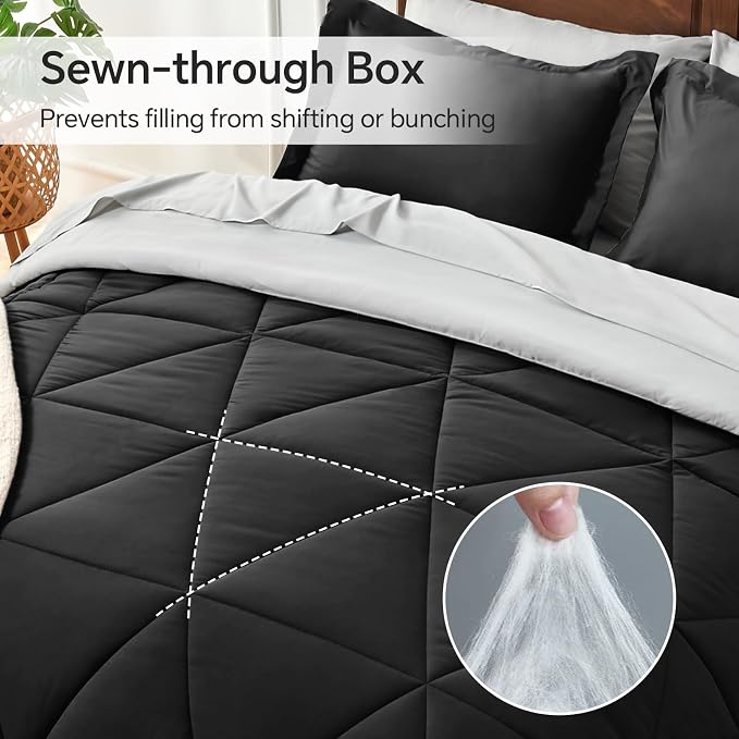BEDELITE Queen Comforter Set 7 Pieces Bed in A Bag - Soft Microfiber Reversible Black Bed Set with Comforters, Sheets, Pillowcases & Shams, Cozy Luxury Bedding Sets for All Season (Pack of 2)