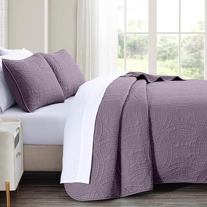 akkialla Grayish Purple Twin Quilt Set, Ultrasonic Lightweight Bedspread Coverlet for Modern Minimalist Bedroom, Soft Microfiber Coin Pattern Bedding, 2-Piece (1 Quilt, 1 Pillow Sham) | Breathable fabric