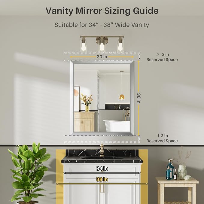 Bathroom Wall Mirror, Silver Brushed Nickel Metal Frame, 36x30 Inch | Anti-rust, HD tempered glass, for bathroom vanity, bedroom, living room, horizontal or vertical mount