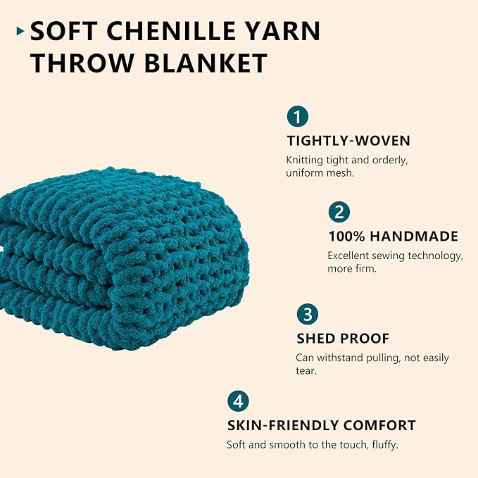 L'AGRATY Chunky Knit Throw Blanket for Couch, 50'' x 60'' Knit Throw, Teal | Handmade Chenille Crochet Blanket for Sofa Bed, Thick Cable Knitted Blankets for Room Home Decor, Birthday Gift for Women Mom