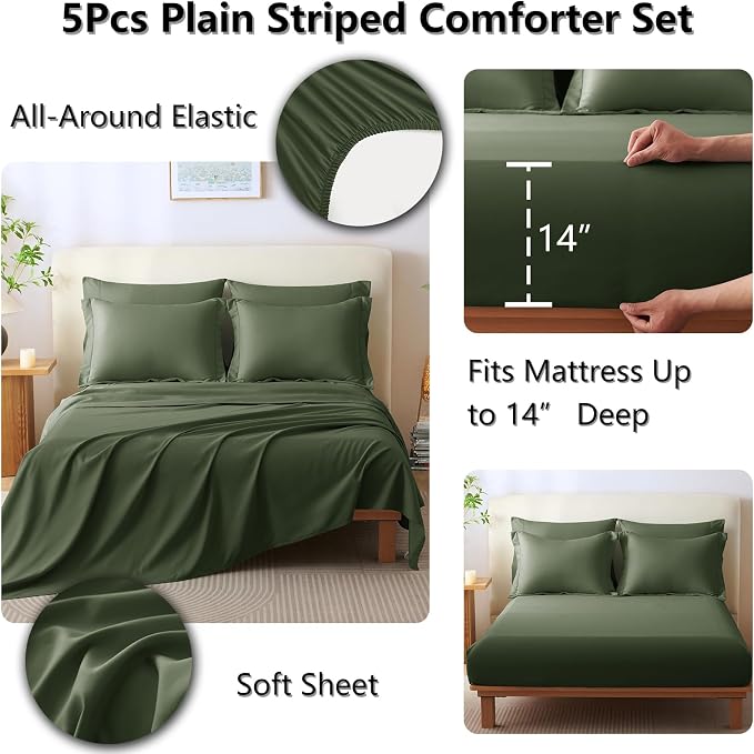 Twin XL Comforter Set Olive Green - 5 Pieces Complete Bedding Set | College Dorm Essentials, OEKO-TEX Certified, 240GSM Down-Alternative Comforter, 14" Deep-Pocket Sheets, Sham & Pillowcase