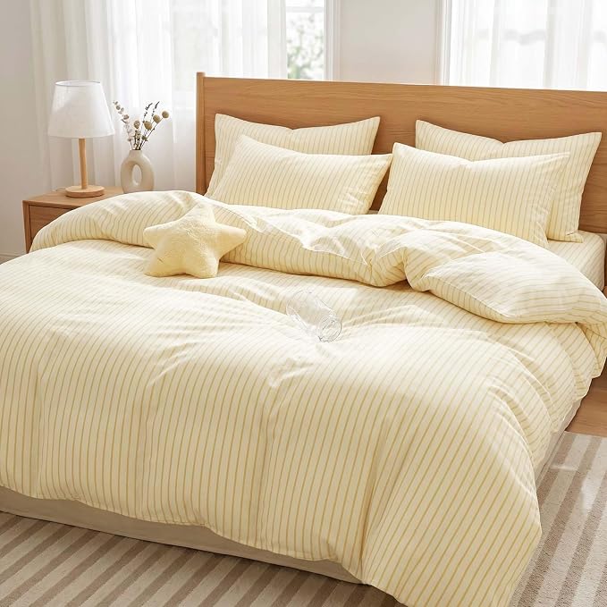 Nayoroom Yellow Striped Duvet Cover Queen Size Yellow and White Stripe Duvet Cover Aesthetic Dorm Bedding 3 Pieces Soft Microfiber Farmhouse Bedding Set Girls Bedroom Decor