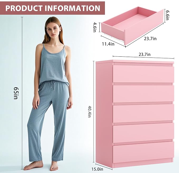 Jocoevol Pink 5 Drawer Dresser for Bedroom, 15" D x 23.7" W x 40.4" H in Simply Chest of Drawers, Wood Storage Dresser with Drawers for Living Room Hallway Entryway, Pink