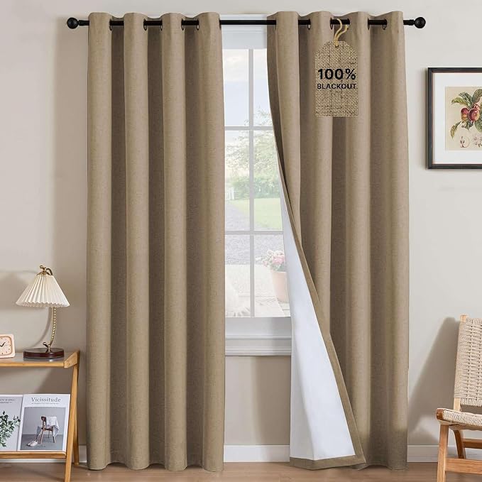 H.VERSAILTEX Linen Curtains 100% Blackout Curtains for Bedroom 108 inch Long Full Light Blocking Nature Linen Blended Window Curtains for Living Room Nickel Grommet (2 Panels, Heathered Macchiato)
