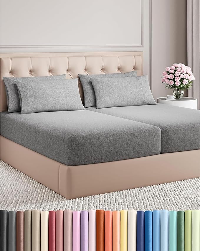 Split King 7 Piece Bed Sheet Set - Breathable & Cooling - Heathered Grey | Ultra-Soft Hotel Luxury Bedding Set w/ 8-16 Inch Deep Pockets, 1 Flat & 2 Fitted Sheet & 4 Pillowcases, Wrinkle & Fade Free