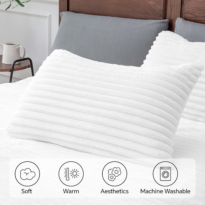 BEDELITE Fleece King Comforter Set, Fluffy Bed Set, Bright White | Super Soft & Warm Bedding, Luxury Fuzzy Faux Fur Comforter for Winter, Heavy Plush Bedding, with 2 Pillowcases