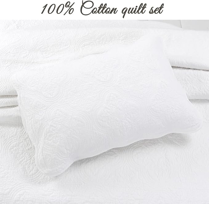 Cozy Line Home Fashions 100% Cotton Victorian Medallion Solid White Matelasse Embossed Bedding Quilt Set, Reversible Lightweight Bedspread, Coverlet for All Season (Oversized King - 3 piece)